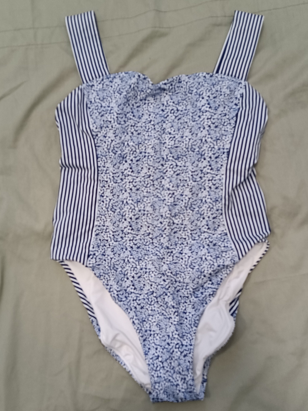 Lands' End Blue White Floral Striped One-Piece Swimsuit Size 12